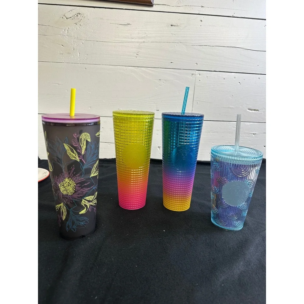 Starbucks Tumbler Lot of 4 Studded Grid Floral Iridescent Cold Cups 24oz 16oz